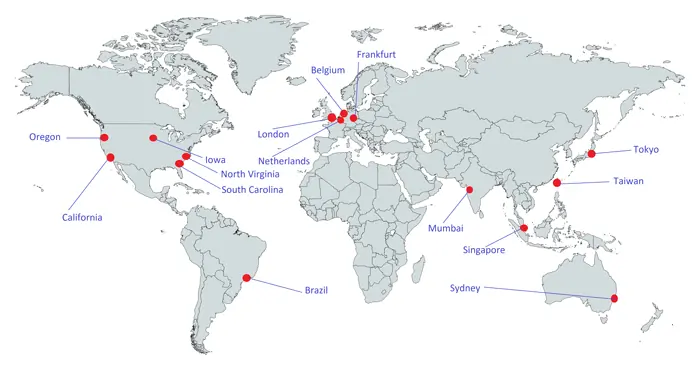 World map showing BigBlueButton points of presence provided by BBB On Demand